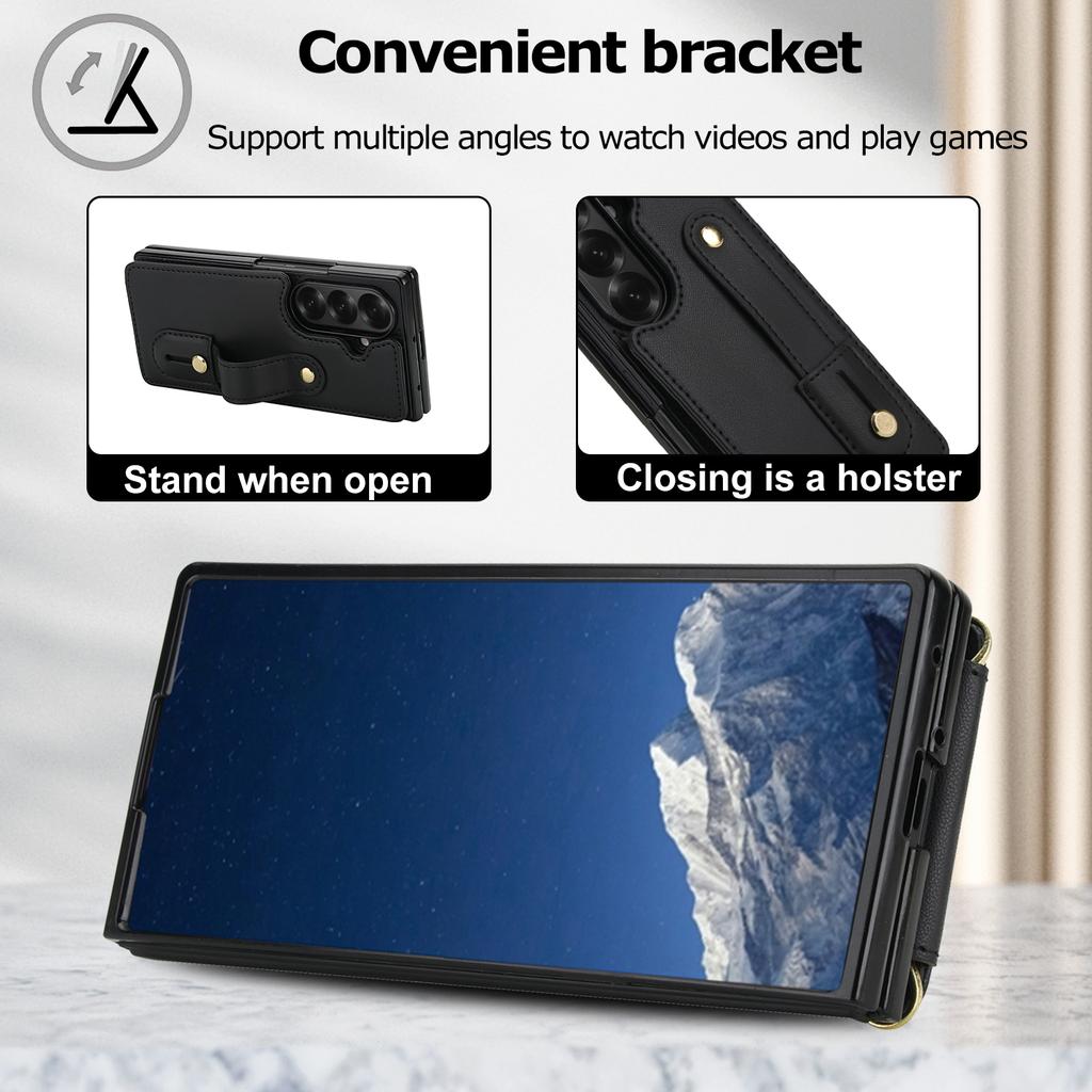 Crossbody pouzdro na telefon pro Samsung Galaxy Z Fold 7 Fold6 5 4 Kožené Kovový patent Zápěstní popruh Držák na karty Peněženka s popruhem