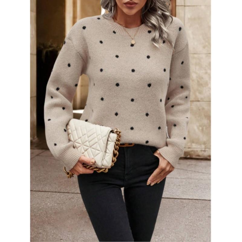 Women's Spring/Fall Crew Neck Long Sleeve Pullover Sweater Polka Dot Jacquard Casual Knit Top