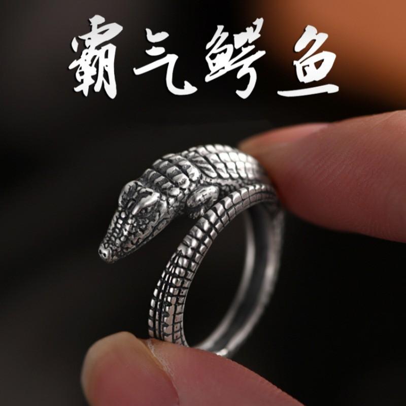 Anel Aberto Ajustável Masculino Feminino Prata Esterlina Design de Crocodilo Vintage Minimalista Joia Statement
