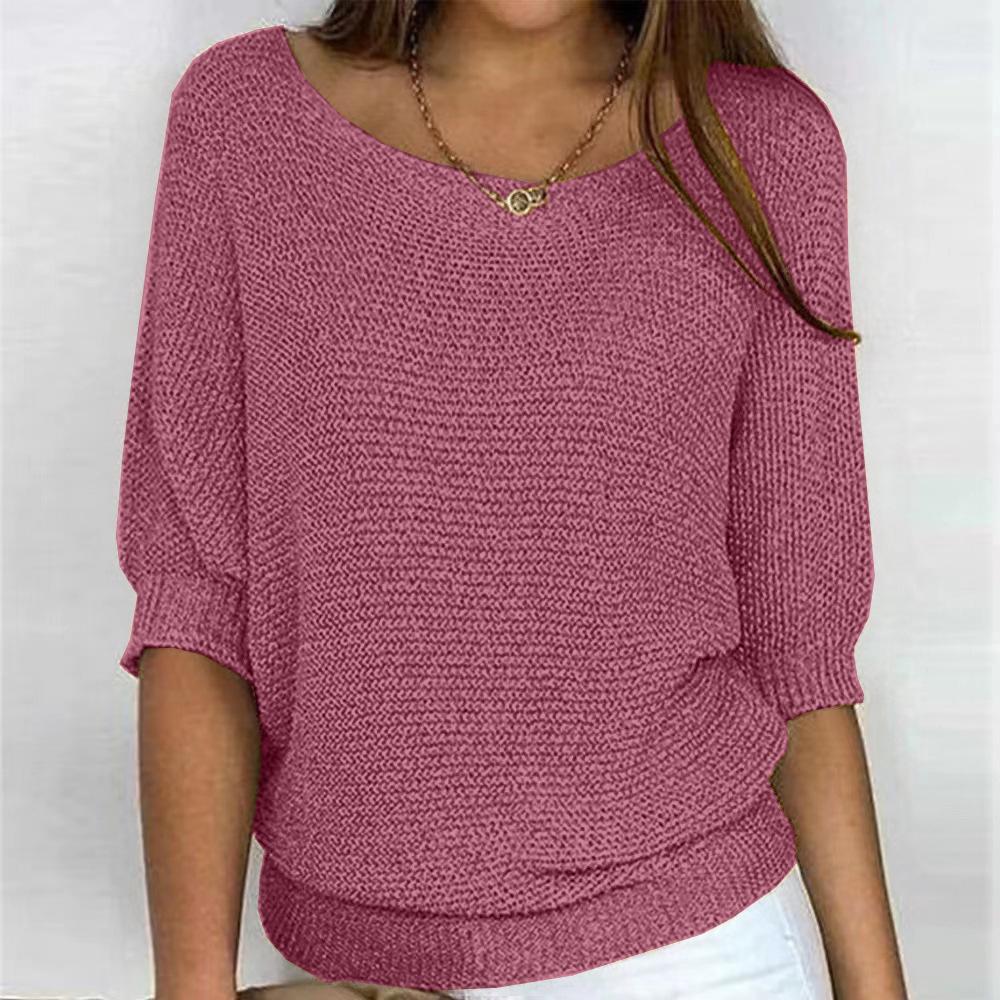 2026 Women's Solid Color Round Neck Knitwear Three-Quarter Sleeve Top
