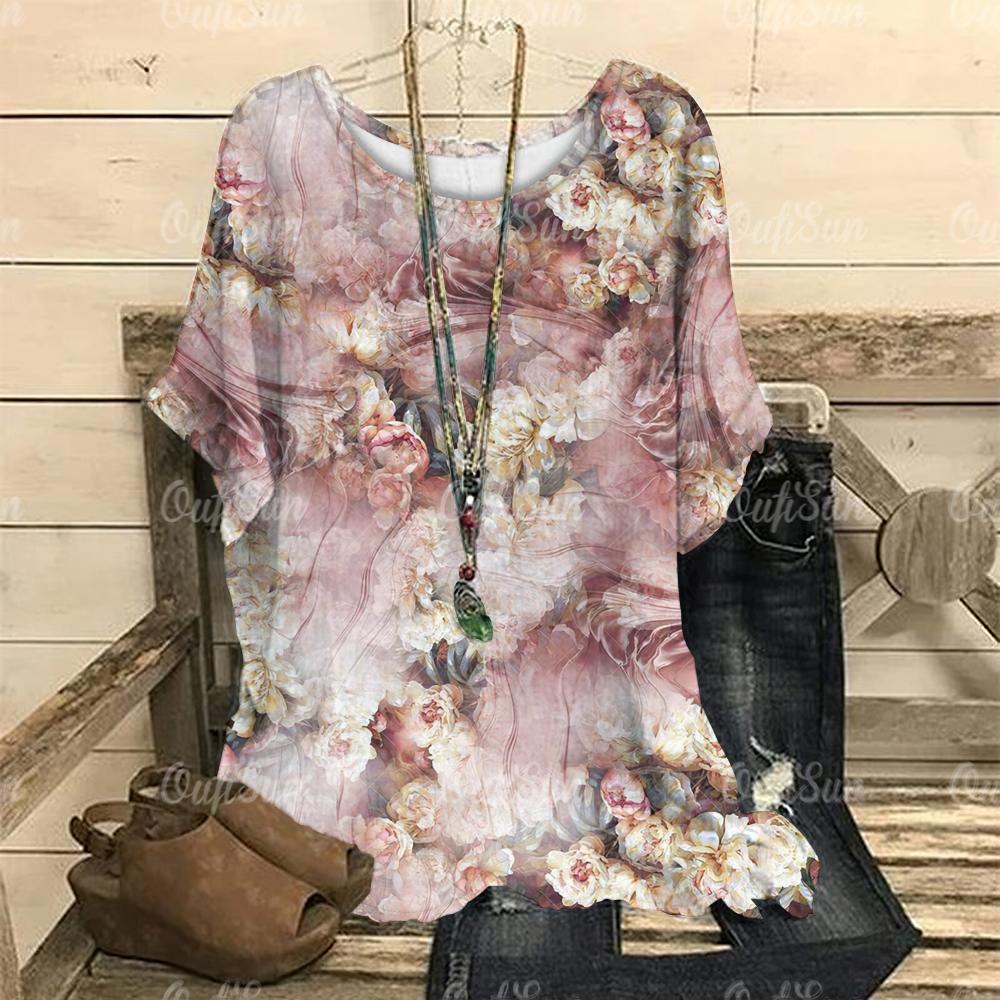 

Винтажная женская футболка с 3D-цветочным принтом, летняя рубашка с коротким рукавом и круглым вырезом, свободный женский топ, повседневный пуловер в стиле Харадзюку 8XL
