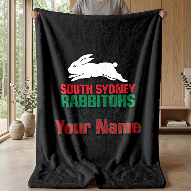 South Sydney Rabbitohs Custom Flannel Throw Blanket Print Your Name Text Soft Warm Blanket Holiday Present