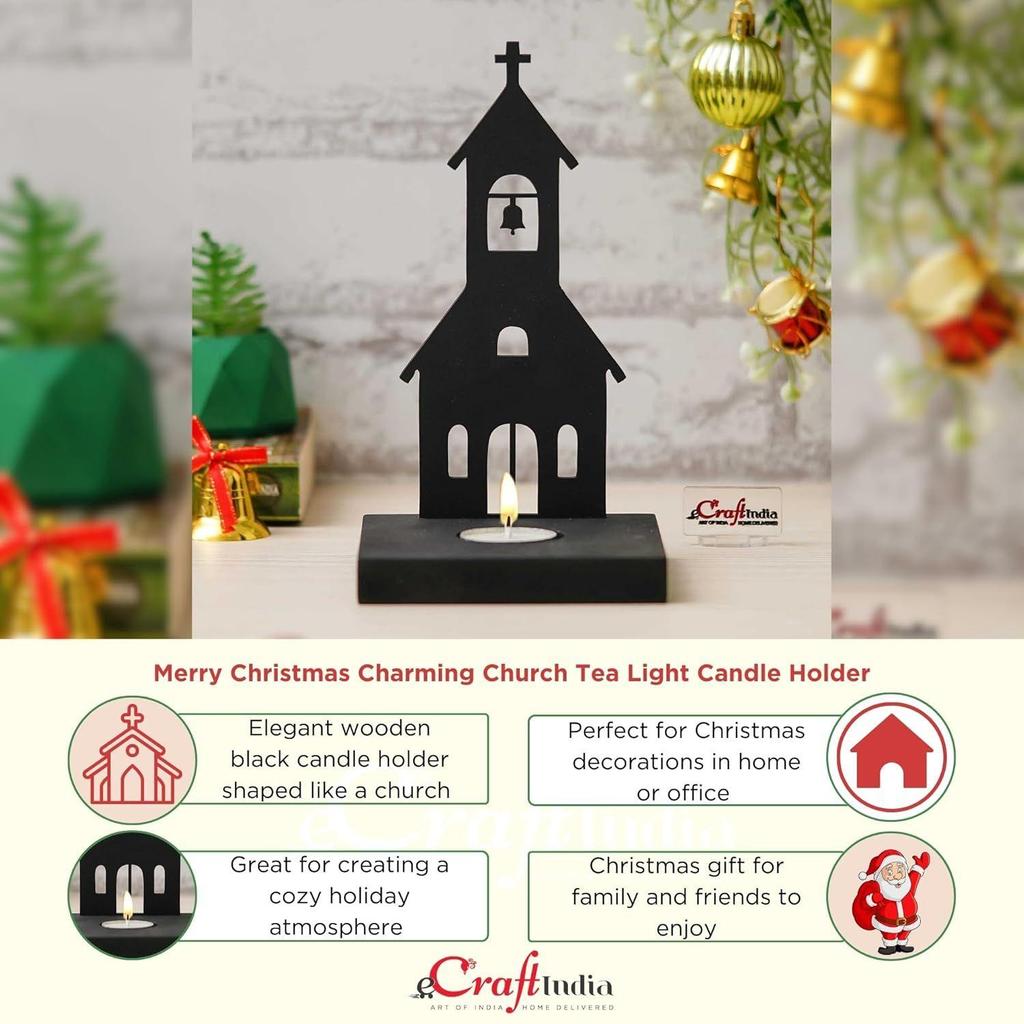 Merry Christmas Charming Church Decorative Tea Light Candle Holder(Wooden Black)Tea Light Holder| Christmas Decoration Items