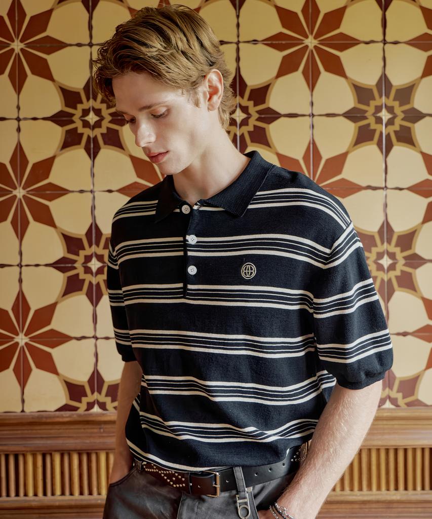 DTHIRTYONE Color Stripe Short Sleeve Collared Knit (Black)