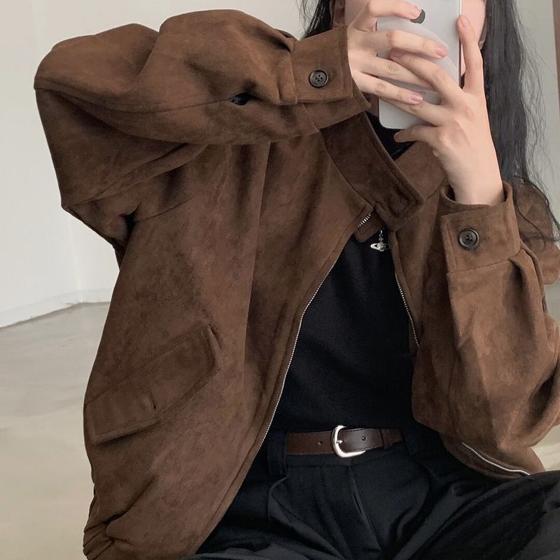 

Korean Ins Autumn and Winter Retro British Style Handsome Motorcycle Style Fleece-Lined Warm Suede Double Zipper Jacket for Women Brown One size