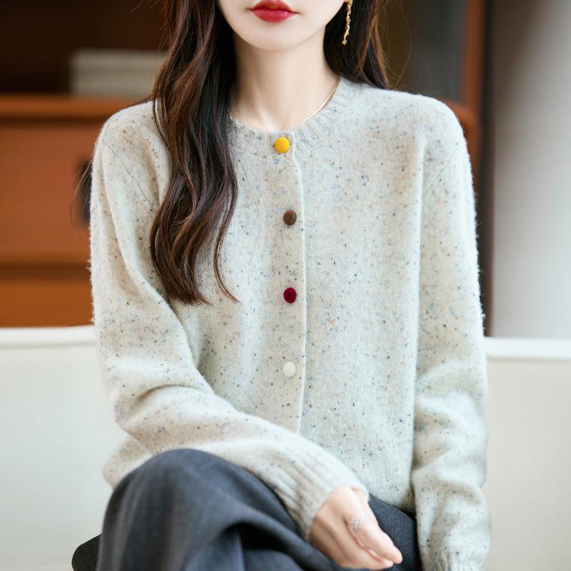 100% Wolle Damen Herbst/Winter Koreanischer Stil Punktgestrickte Strickjacke - Vielseitig, Figurbetont & Modisch Rundhals