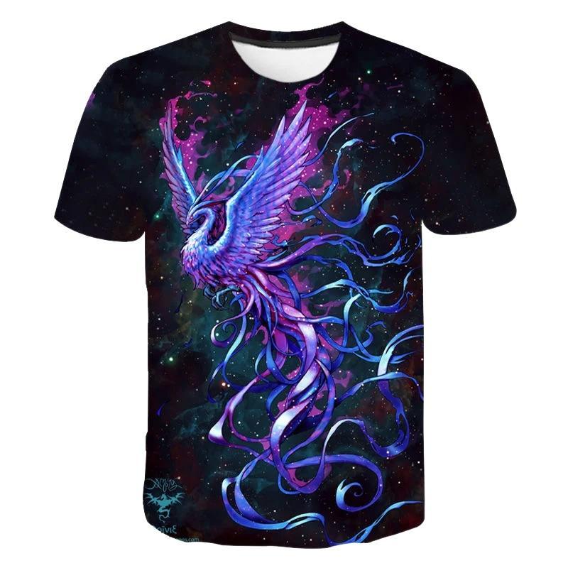 Blue Phoenix Bird 3D Printed Kids Short-Sleeve T-Shirt Round Neck Graphic Tee For Daily Play And Outdoor Leisure Activities