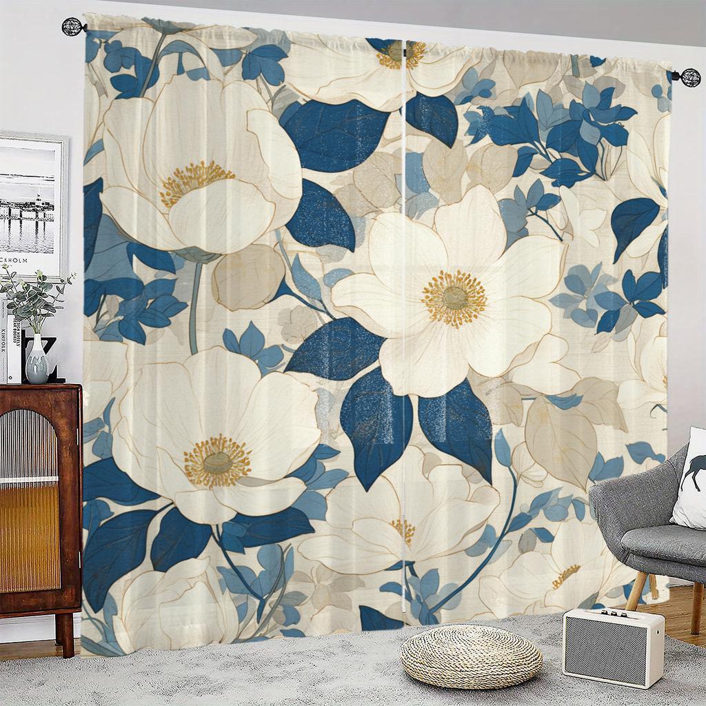 2D Flat   35x90in   Screens Featuring a White Floral Design On a Blue Leaf Background   Perfect for Home Decor Styles In Living Roo