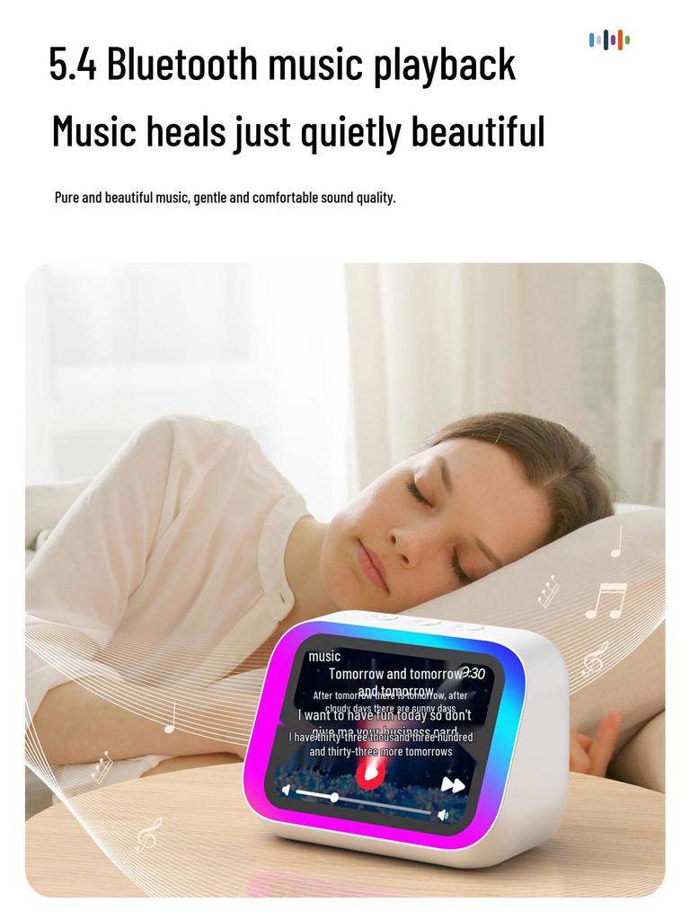 AI Voice Speaker with Hands-Free Calling, Music Playback, Photo Album, Time Reporting, Weather Forecast, and Alarm Clock Features.