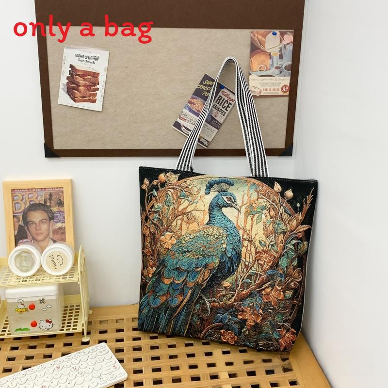 Peacock Canvas Tote Bag With Embroidery And Large Capacity For Daily Use