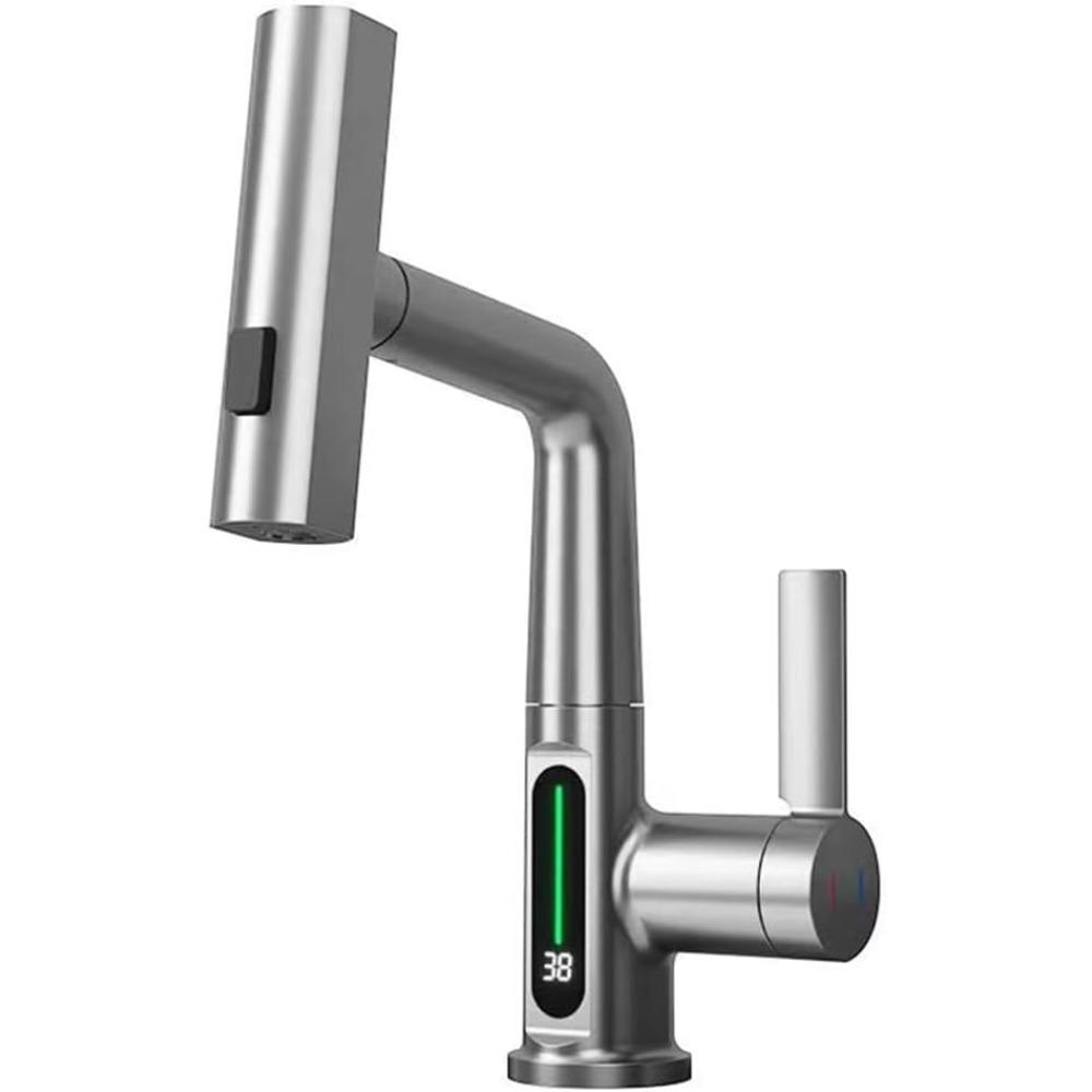 Bathroom single-hole sink faucet with waterfall pull-down sprayer, vanity single-handle single-hole pull-out faucet