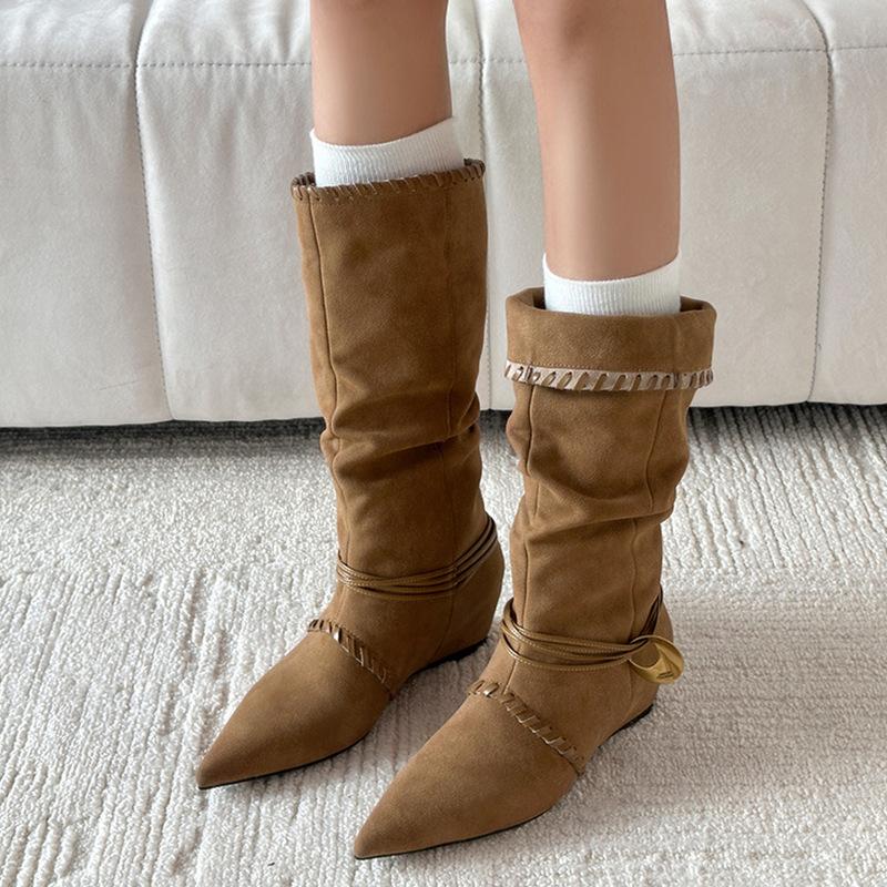 

2025 новые весенне-осенние замшевые ковбойские сапоги с острым носком в западном стиле, коричневые сапоги Майяр, рыцарские сапоги, длинные сапоги женские 40 хаки