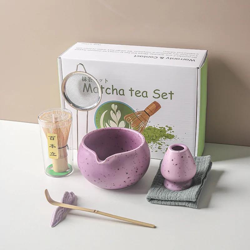 1-8 Ceramic Matcha Sand Dot Small Round Bowl With Pouring Spout Smooth Matcha Whisk Holder Reusable Matcha Making Kit Tea Lovers