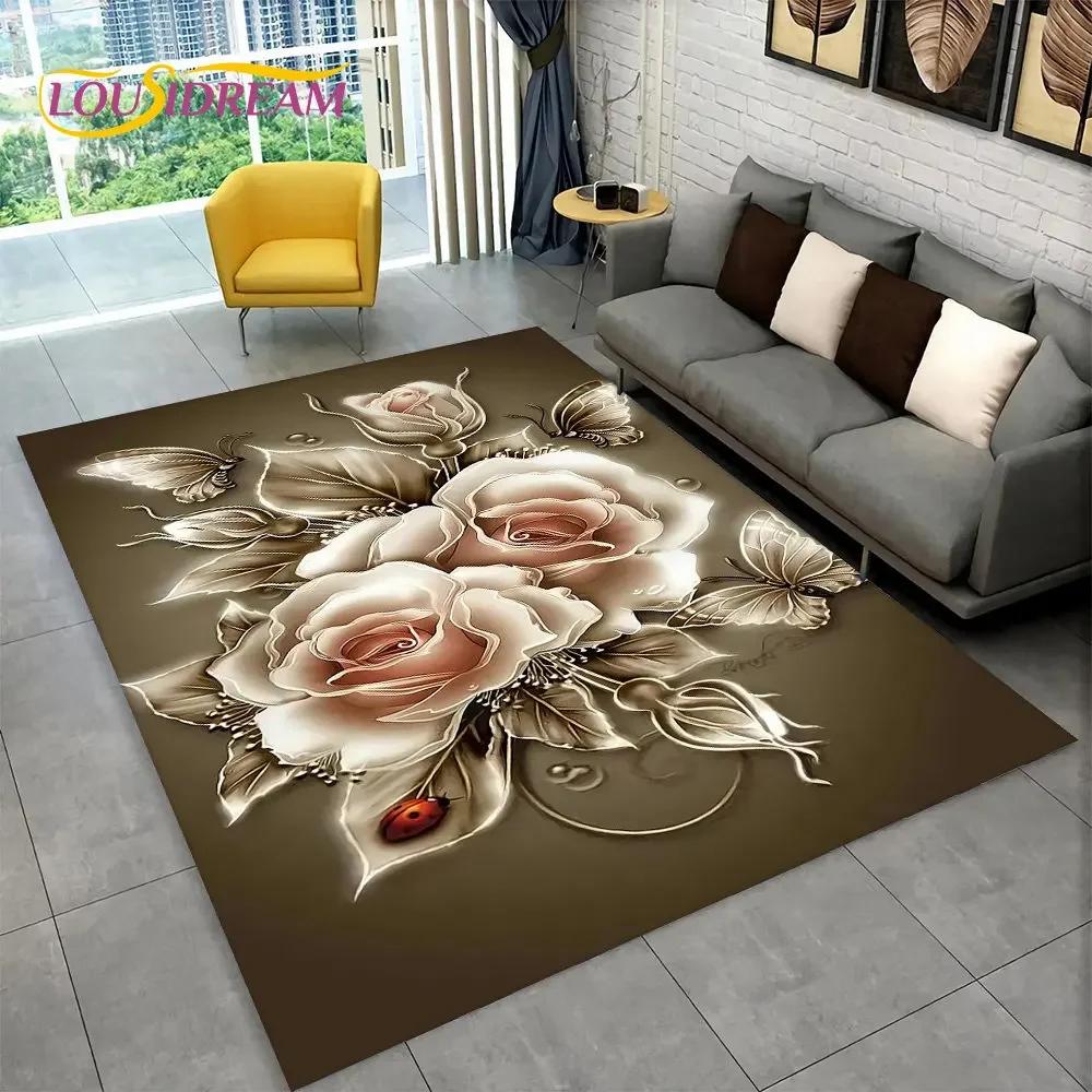 3D Nordic Luxury Flower Rose Area Koberec velký,Koberec pro domácí obývací pokoj Ložnice Sofa Rohožka Dekor,Dětské protiskluzové rohože