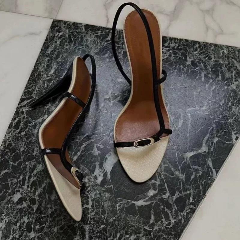 Spot! European and American Simple Temperament with Open-toed High Heels 2025 Summer One-pedal Color Matching Strap Sandals