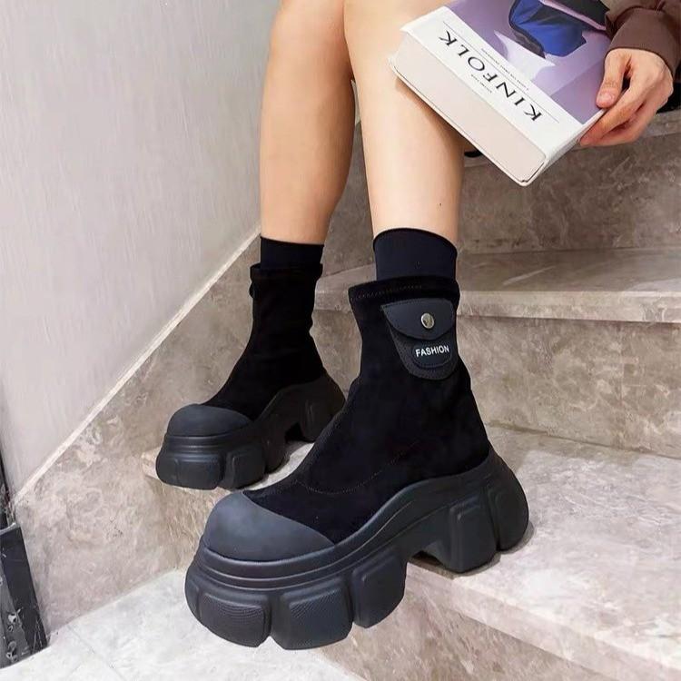 Women Elastic Socks Boots Ladies Thick-Soled Stovepipe Boots Flat Knee Stretch Boots Ladies Sports Leisure Slim Boots