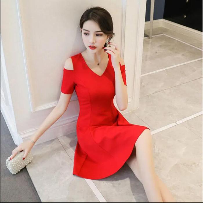 

Hepburn style dress new V-neck black professional skirt women s summer dress slim and thin temperament small black dress 3XL червоний