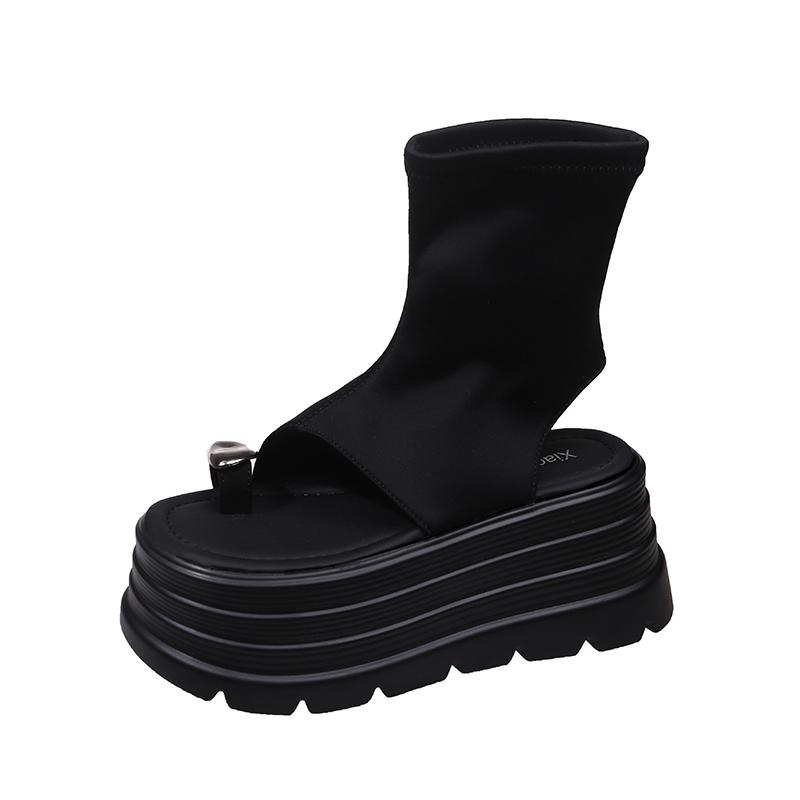 

Fashion 8.5cm Ankle Boots Stretch Fabric Ankle Booties Fashion Ladies Summer Women Shoes Platform Wedge Flats Sandals Leather Peep Toe 39 чёрный