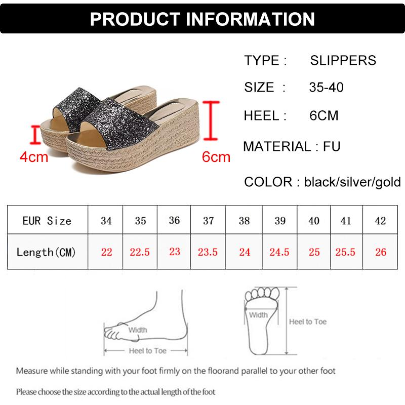 Lucyever Gold Silver Sequins Wedges Slippers for Women 2024 Summer Open Toe Platform Sandals Woman High Heels Slides Ladies 40