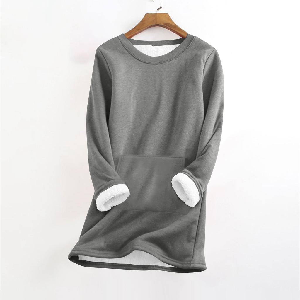 Women's Fashionable Solid Color Round Neck Long Sleeved Plush Warm Pullover Top