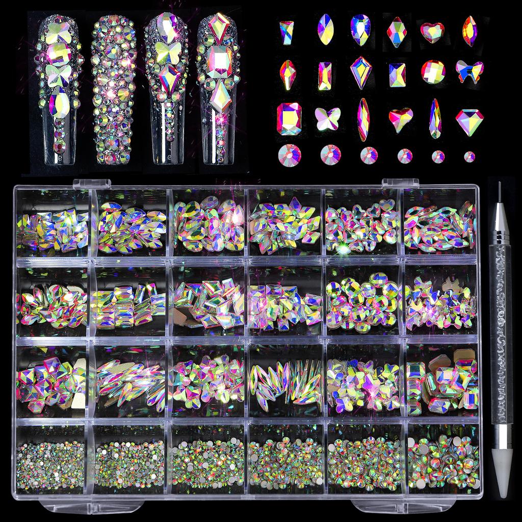 Nail Crystal Rhinestones Kit,Mix Shape AB Glass,3D Diamonds Flatback Crystals with Drill Pen,Nail Crystal,Nail Art Decor