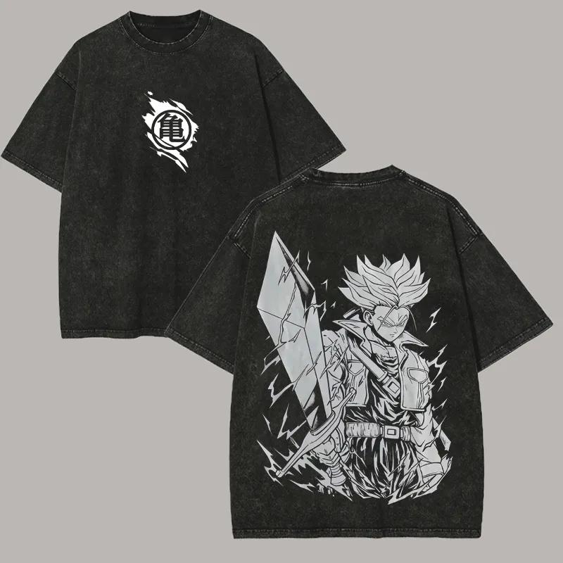 

Trunks T Shirt Men Acid Wash Oversized Anime Future Sword Cotton Vintage Gym Streetwear Saiyan White Graphic Back Tee Top M