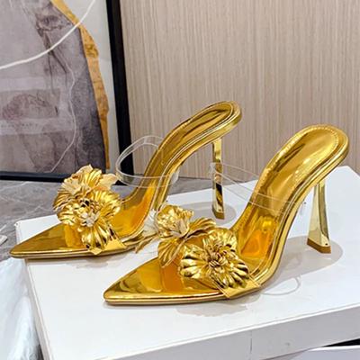 Μόδα Πολυτελές Σχέδιο Χρυσό Λουλούδι Λεπτό Τακούνι Παντόφλες Γυναικείες Σέξι Μυτερή Μύτη PVC Διαφανές Στενό Λουράκι Σανδάλια με Τακούνι Καλοκαιρινά Slides Τακούνια
