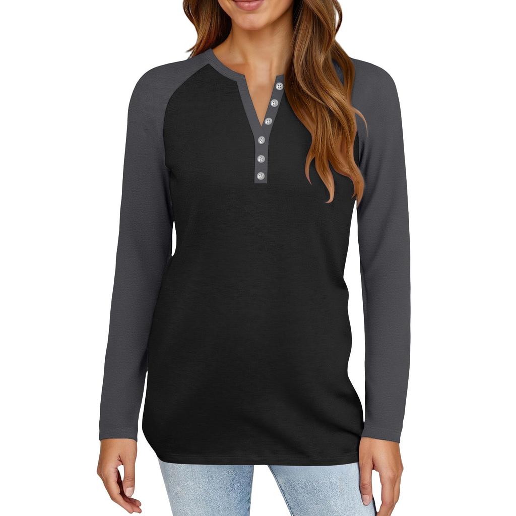 Women's T Shirt Color Block Button Long Sleeve Daily Weekend Fashion Basic V- Neck Regular Top