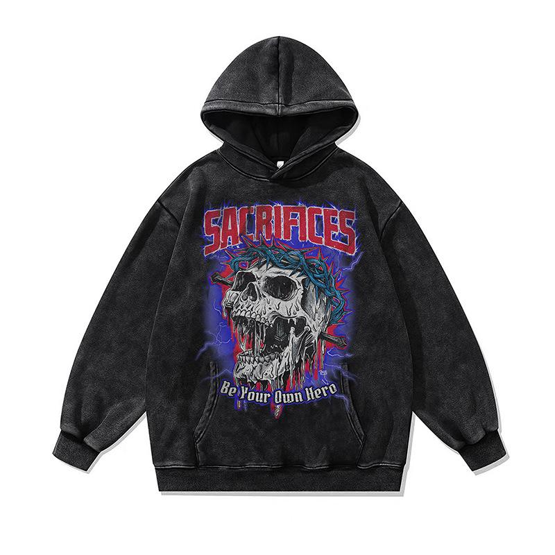 American Retro Skull Print Hoodie Jacket Autumn And Winter Heavy Washed Old Hooded Sweater Men And Women