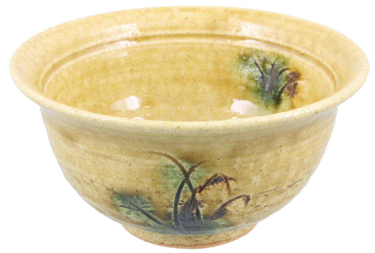 Seto ware, Iwatsuki Takemitsu, rice bowl, approximately 12.5cm in diameter, yellow Seto ware, grass pattern, made in Japan, 018-0039