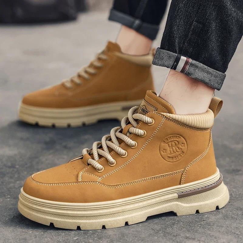

Autumn new versatile outdoor high top retro men s workwear shoes warm British style fashionable sports and leisure boots 45 жовтий