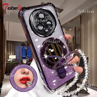 For Huawei Honor Magic 7 Lite 6 5 4 3 Pro Case Glitter Plating Makeup Mirror Magnetic Phone Holder Bracelet Cover