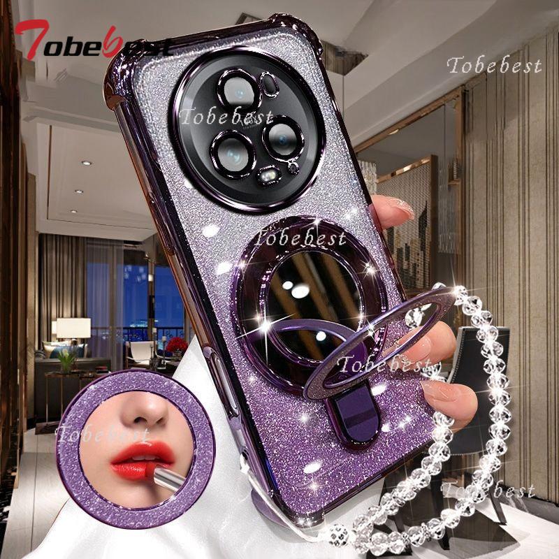 For Huawei Honor Magic 7 Lite 6 5 4 3 Pro Case Glitter Plating Makeup Mirror Magnetic Phone Holder Bracelet Cover