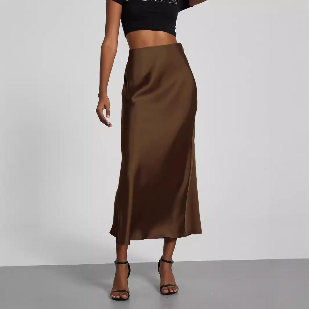 Women's European American Style Fashion Satin Texture Skirt Versatile Solid Color Glossy Mid-length
