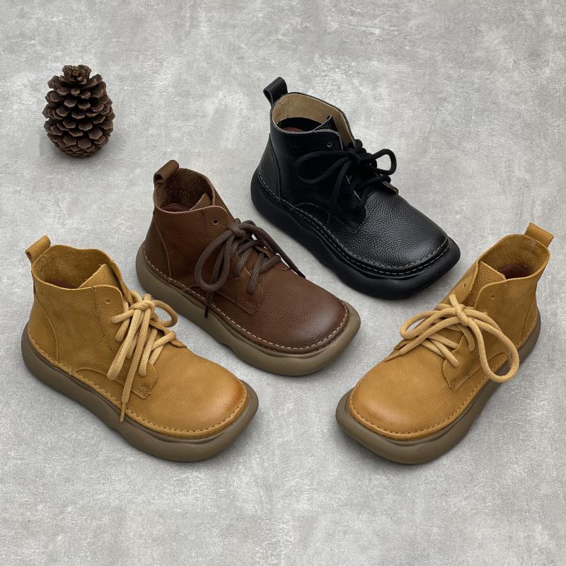 Johnature Retro Genuine Leather Short Boots Wide Toe Lace Up Cowhide Soft Sole Women's Boots