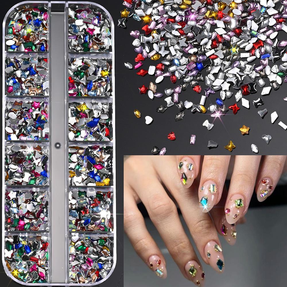 2000Pcs+ Colorful Rhinestones Nail Art Charms Multi Shape Crystal Flat Back Nail Gems 3D Mini Heart Star Butterfly Nail Diamonds