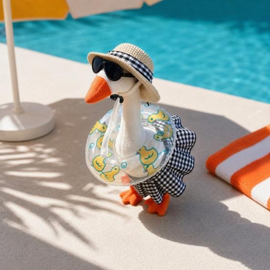 Bikini Desk Goose Outfit, 7 Inch Mini Goose Bikini Costume with Straw Hat, Sunglasses, Swim Ring for Summer Hawaiian Party Table Decor