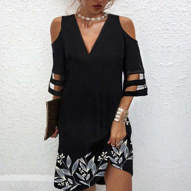 Women Off Shoulder V Neck 3/4 Sleeve Dress with Cut Out Detail Multi Pattern Midi Dress