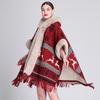 Womens Oversized Plaid Knit Cape Shawl With Fleece Lining Fur Trim Hooded Wrap Coat Winter