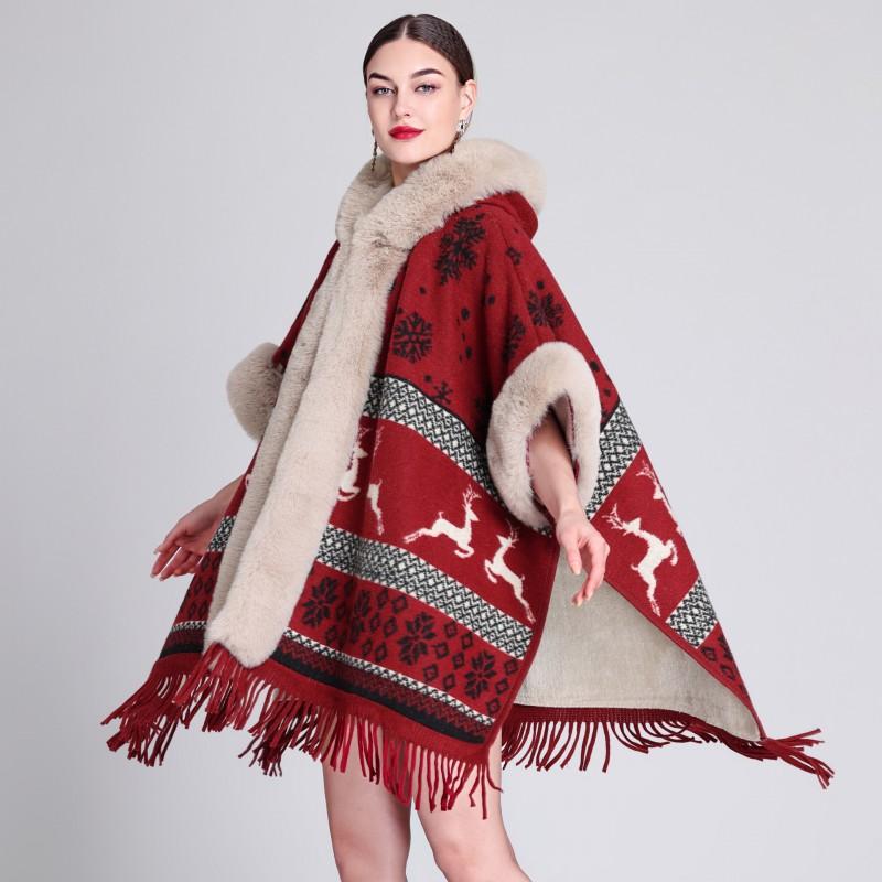 Womens Oversized Plaid Knit Cape Shawl With Fleece Lining Fur Trim Hooded Wrap Coat Winter