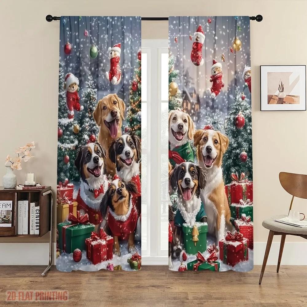 

JIT 2pcs Festive Dogs Print Curtain Christmas Window Decor Polyester Fabric Rod Pocket Holiday Home Decor 100*130 HOOK 1pcs