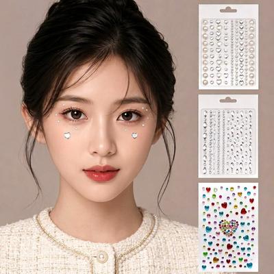 Cario Face Sticker Glitter Cubic Jewel Sticker Idol Makeup Sticker Complete Collection 1 Pcs Teardrop Heart 3-Piece Set