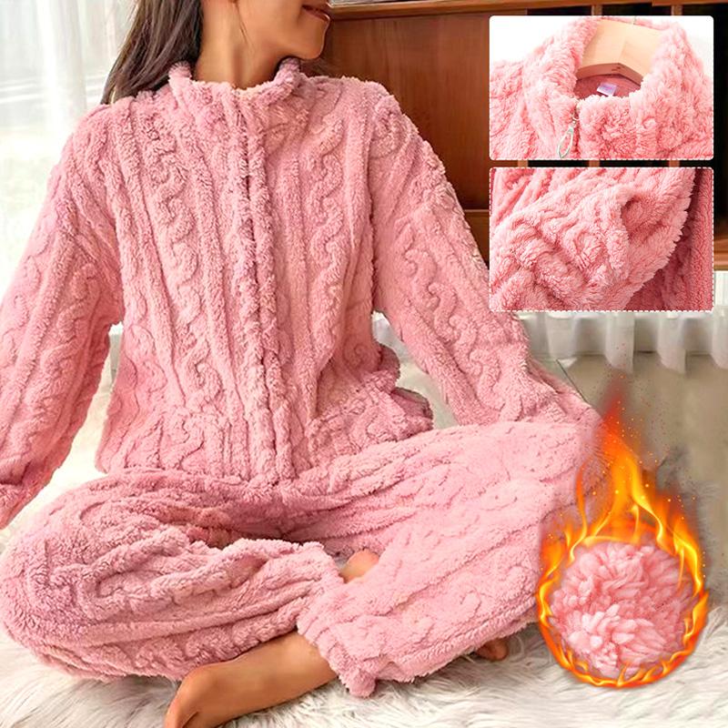 Frauen Bequeme Homewear Lange Ärmeln Zipper Anzüge Einfarbig Pyjamas Set Korallen Fleece Frauen