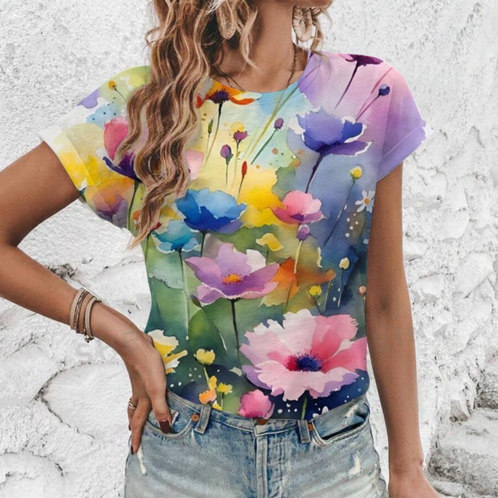 

2024 Новая летняя женская футболка с цветочным принтом, короткий рукав, круглый вырез, женская одежда, футболка больших размеров, удобная футболка S-3XL XL