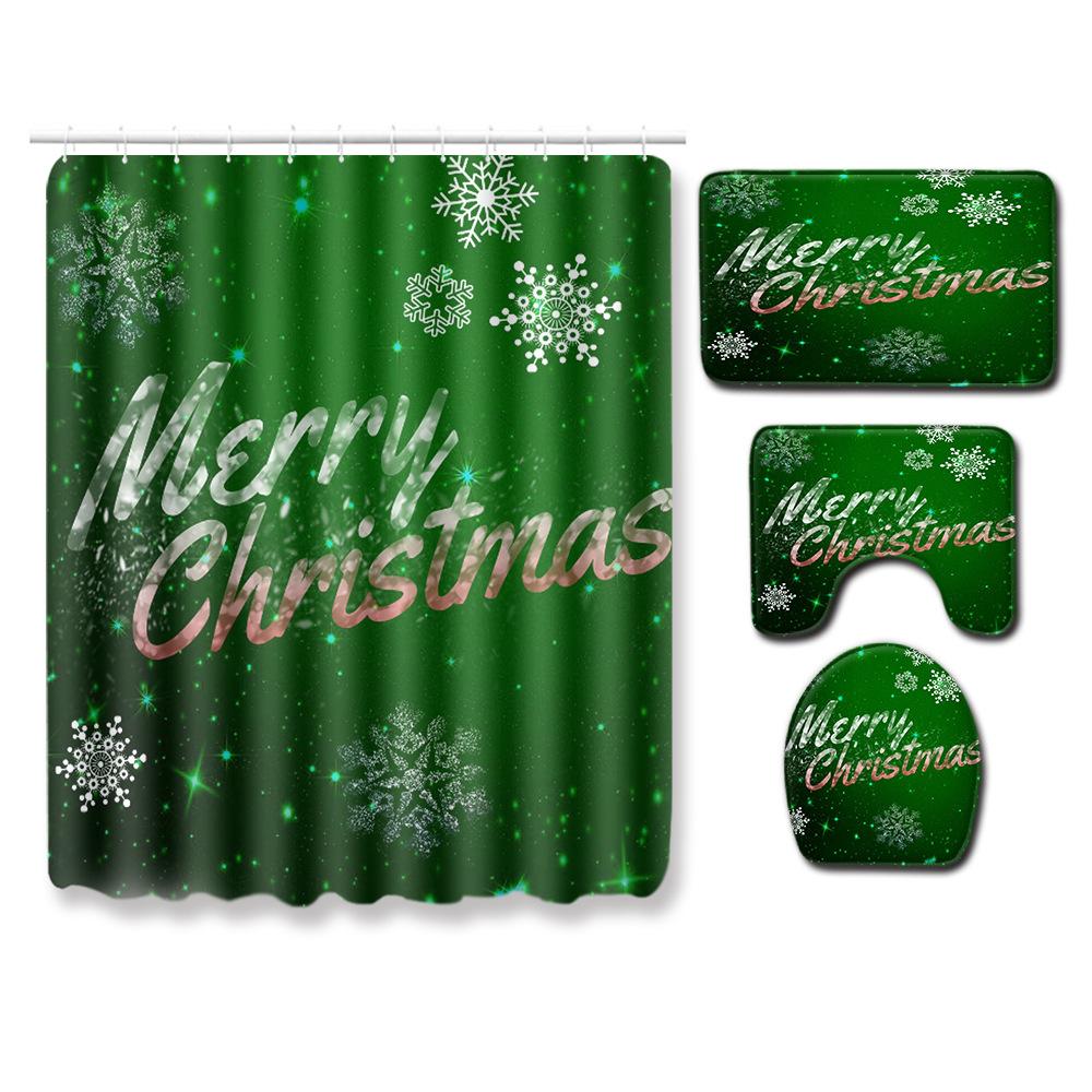 Christmas Shower Curtain Floor Mat Combination Four-Piece Set Bathroom Toilet Carpet Shower Room Mat Foot Mat