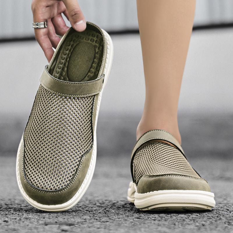 Large Size Mesh Open Back Casual Shoes Half Shoes for Men Mules Closed-toe Loafers Slippers Backless Slides Sandal Slip On Flats
