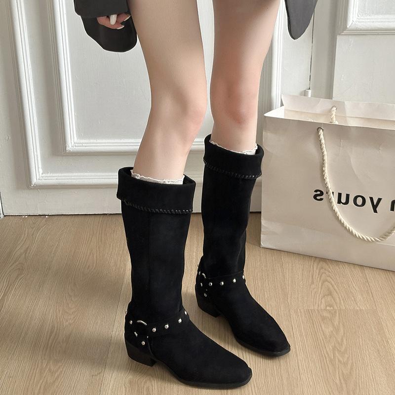 European and American style retro versatile high-heeled knight boots women's boots 2025 autumn and winter new square head thick heel but knee boots 