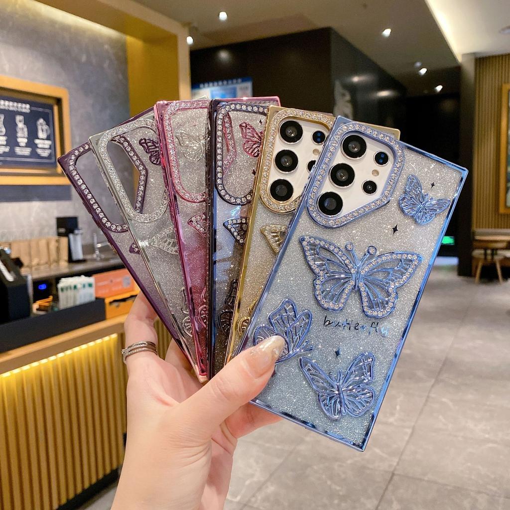 Suitable for Samsung S25 Ultra Mobile Phone Case Electroplated Flash Powder Rhinestone Butterfly S24 Anti Fall A26 Anti Fall Soft Case