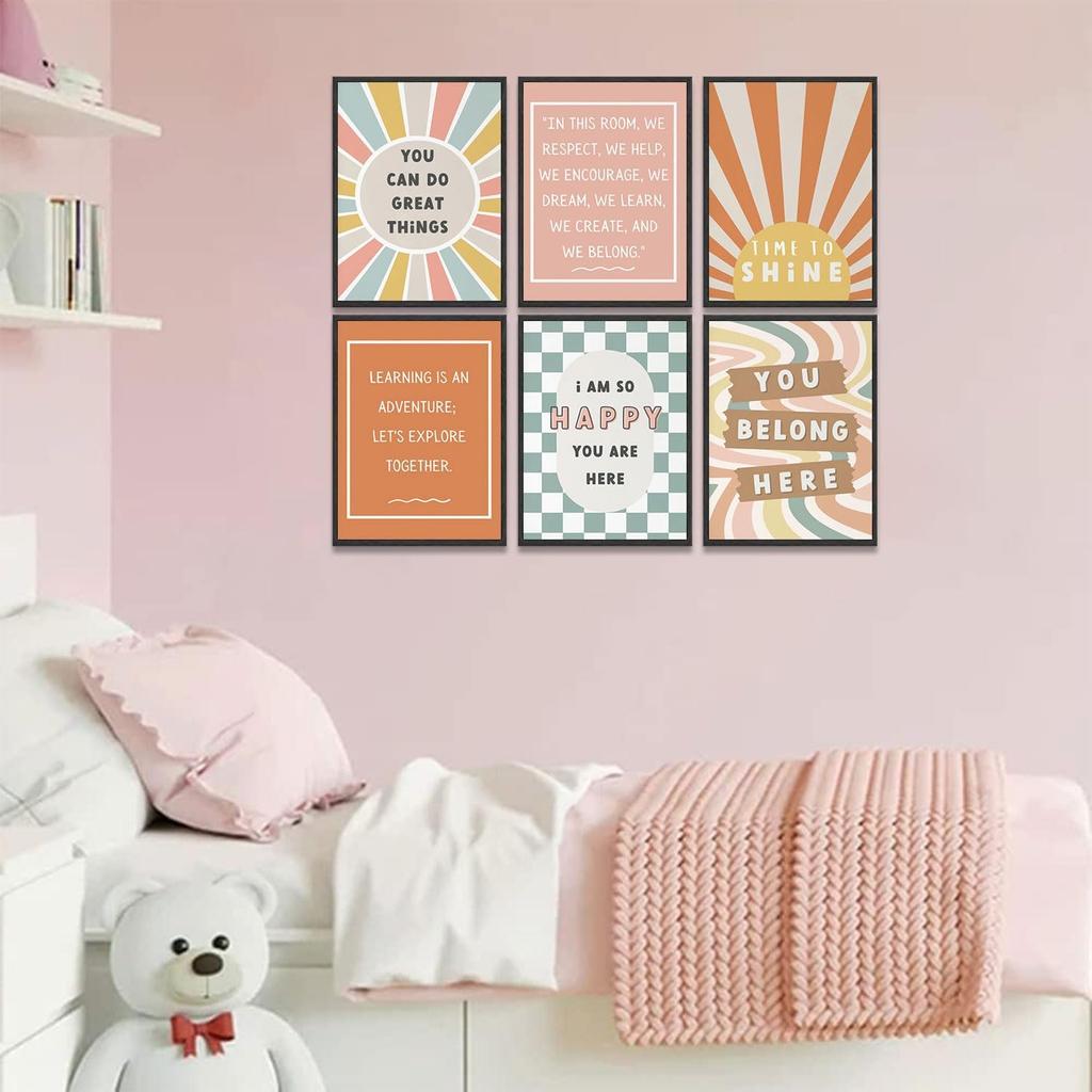 6Pcs Boho Pirational Posters Wall Art Positive Affirmations Growth Mindset Canvas Wall Decor Pictures Modern Classroom School Posters Wall Prints for