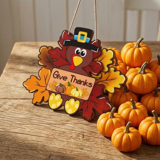 Thanksgiving Wooden Sign, Turkey and Pumpkin Welcome Wall Hanging Decor with Give Thanks, Rustic Farmhouse Fall Harvest Decoration for Front